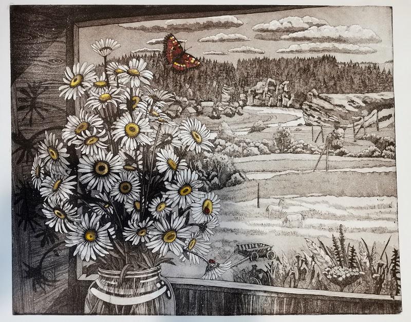 Графический лист "Ромашки в Чусовом" ,офорт, акварельная бумага ,офортная краска.