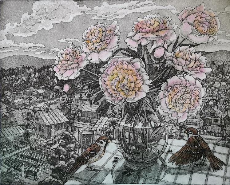 Графический лист "Пионы" ,офорт, акварельная бумага ,офортная краска.