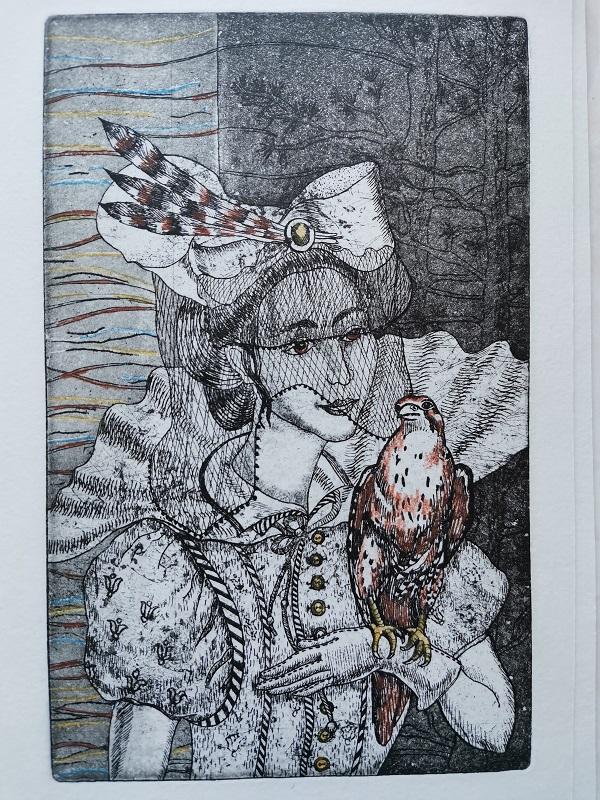 Графический лист "Дама с соколом" офорт.