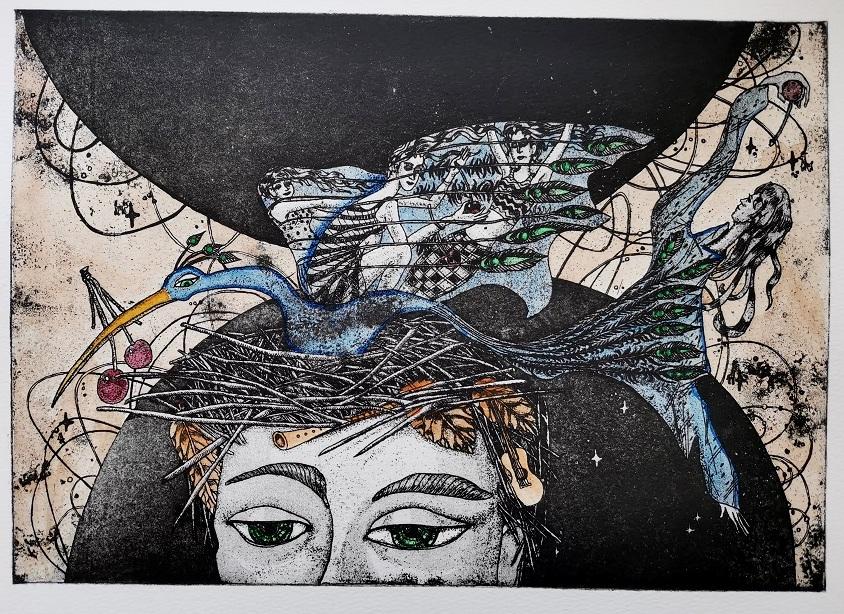 Графический лист "Птица удачи" офорт.