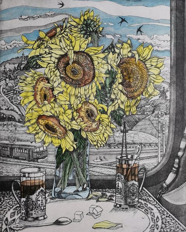 Графический лист "Подсолнухи" офорт.
