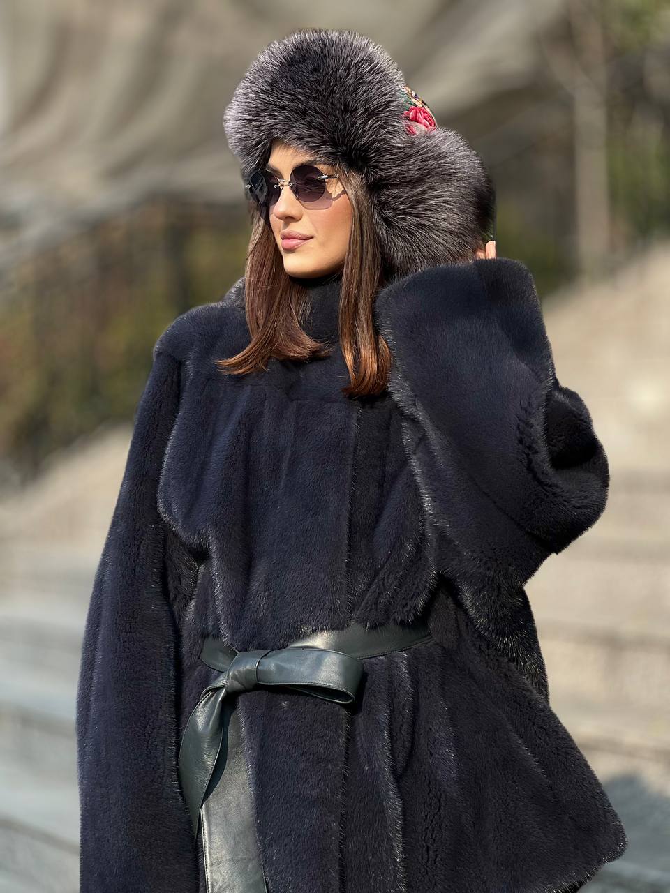 Полушубок из меха норки цвета «джинс»