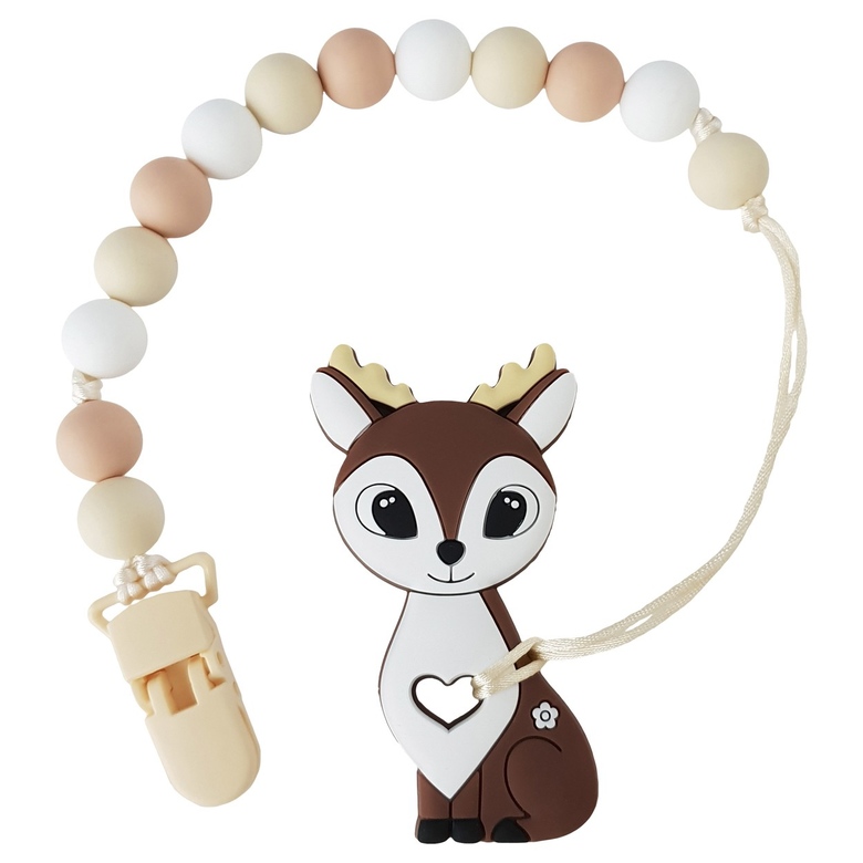 Грызунок-прорезыватель Бэмби на держателе с клипсой / бело-коричневый