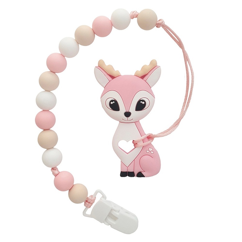 Грызунок-прорезыватель Бэмби на держателе с клипсой / бело-розовый