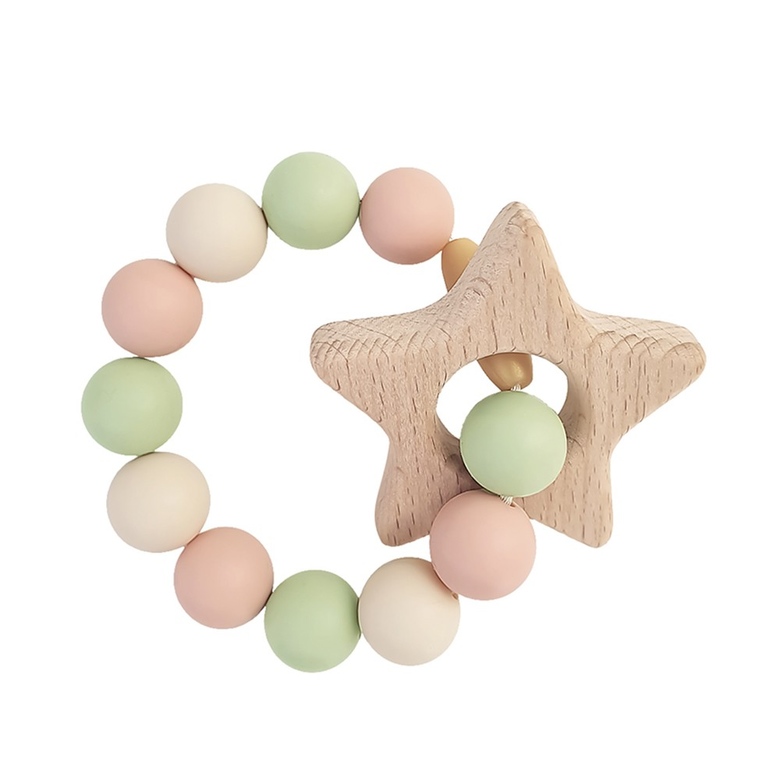 Браслет-прорезыватель с деревянным грызунком / пастельно-зелено-бежевый