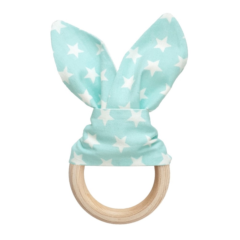 Прорезыватель "Ушки" на деревянном кольце / голубой