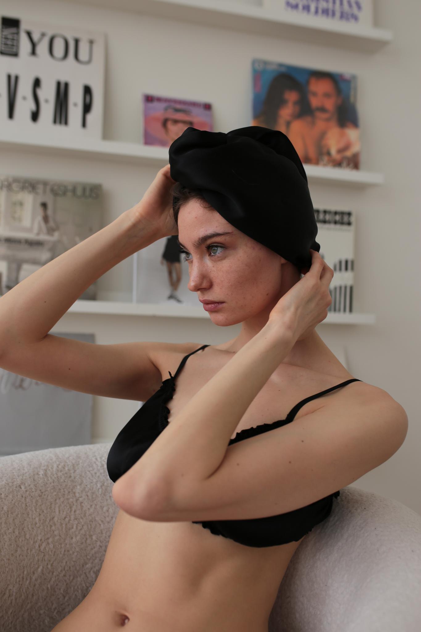 тюрбан для сушки волос шелковый из натурального шелка в черном цвете  silk lovers