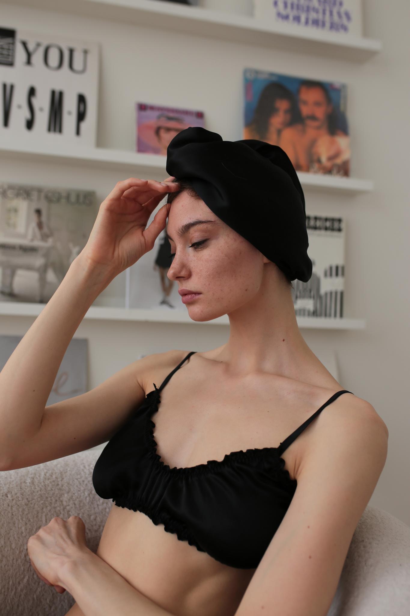 тюрбан для сушки волос шелковый из натурального шелка в черном цвете  silk lovers