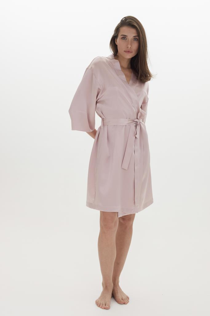 Шелковый халат миди пудровый/розовый