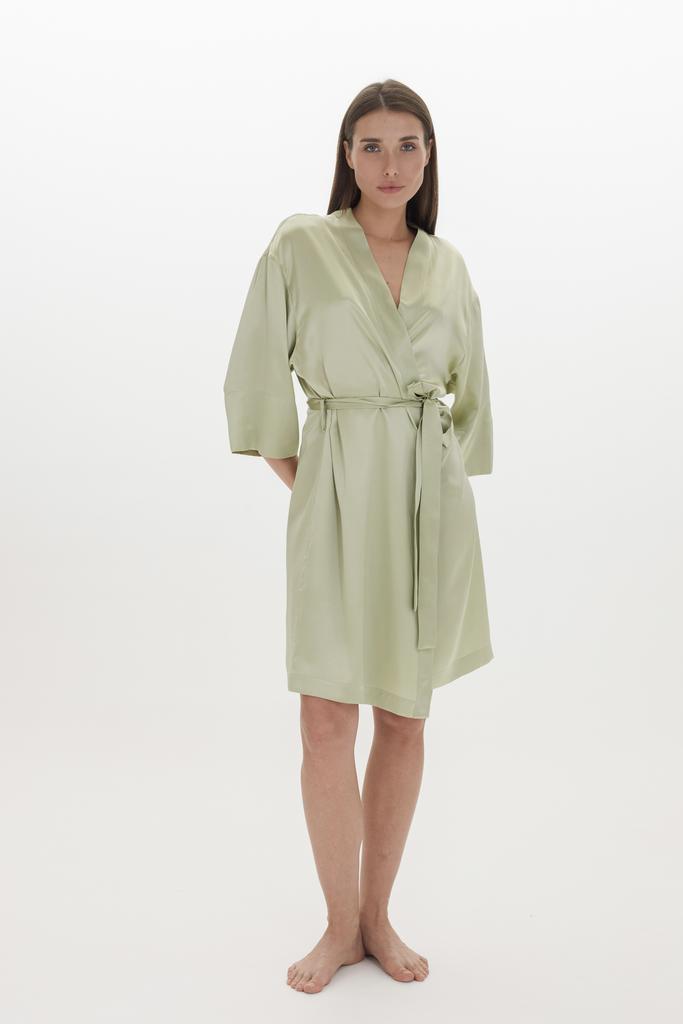 Шелковый халат миди оливковый/зеленый