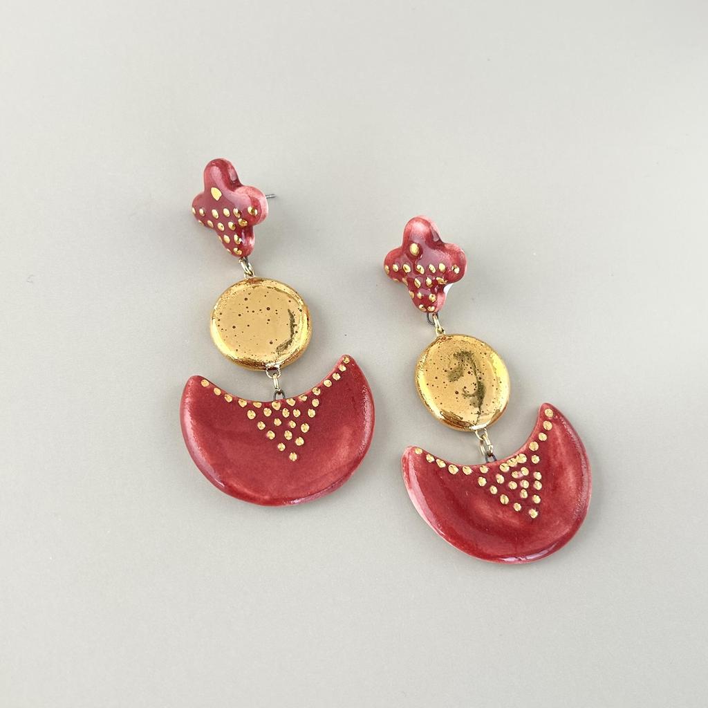 Серьги клевер круг полумесяц малина
