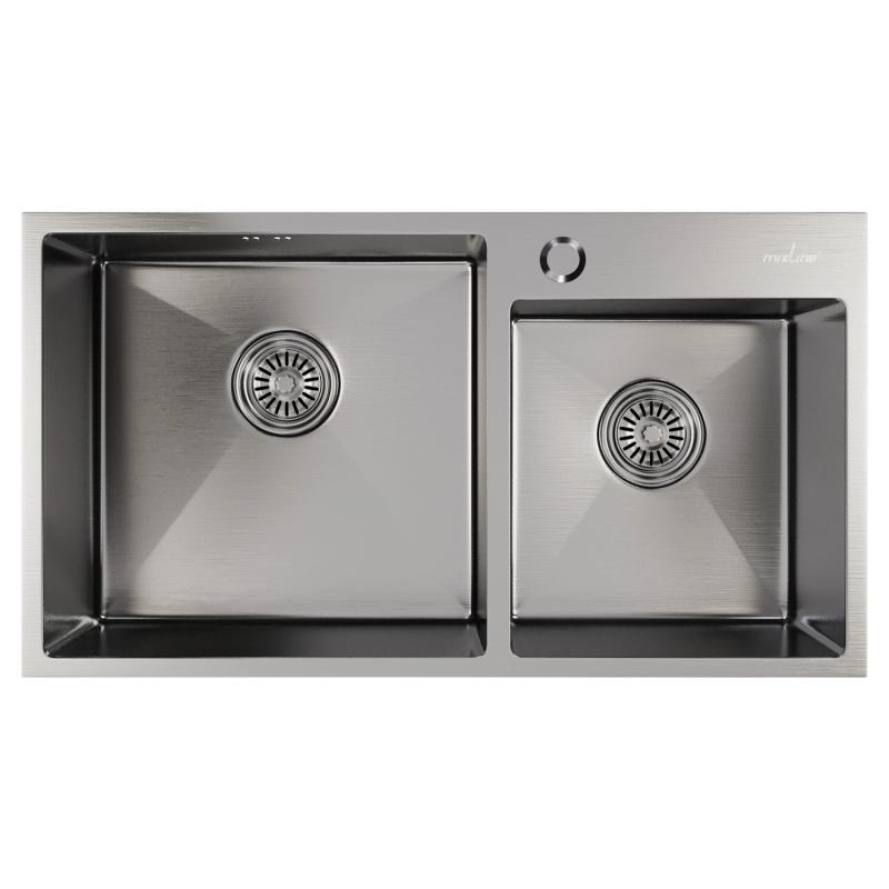Мойка настольный монтаж 72х40(3,0)2х чаш.вып 3 1/2 PRO 22см с сиф.(сатин) MIXLINE