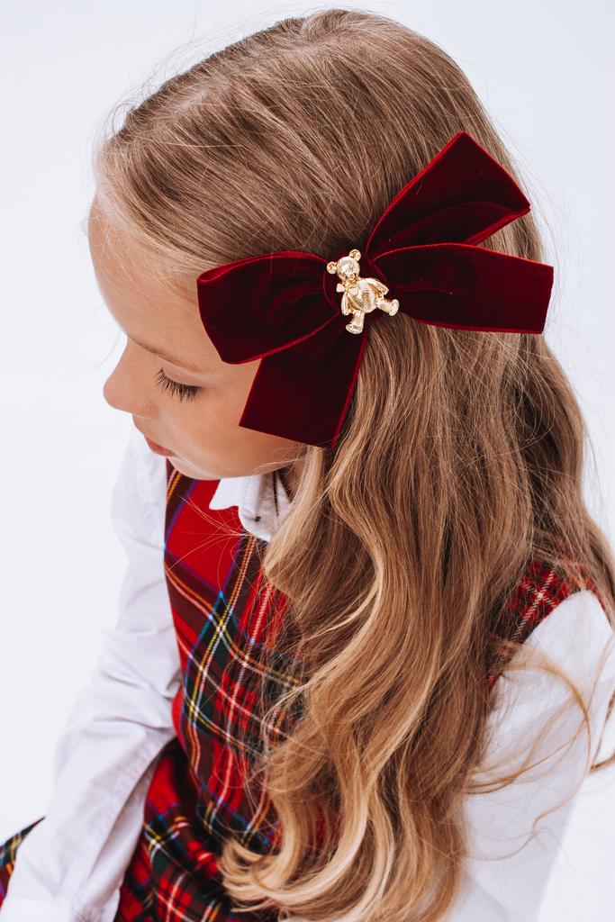 Заколка бархатная "Золотой мишка" цвет : бордовый