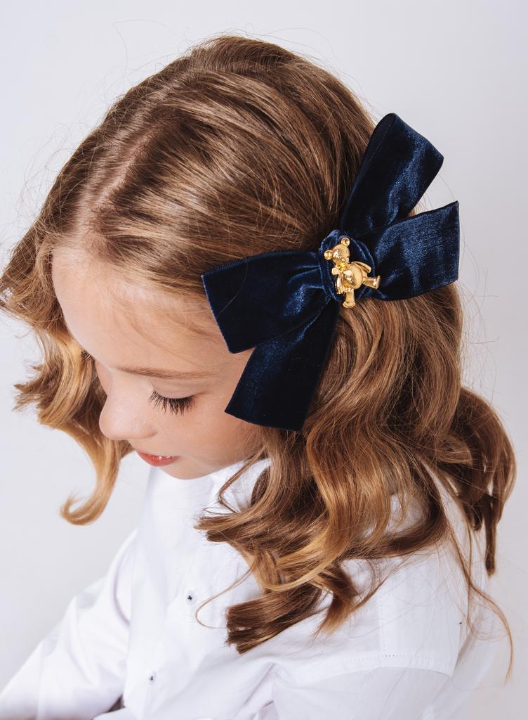 Заколка бархатная "Золотой мишка" цвет : темно-синий