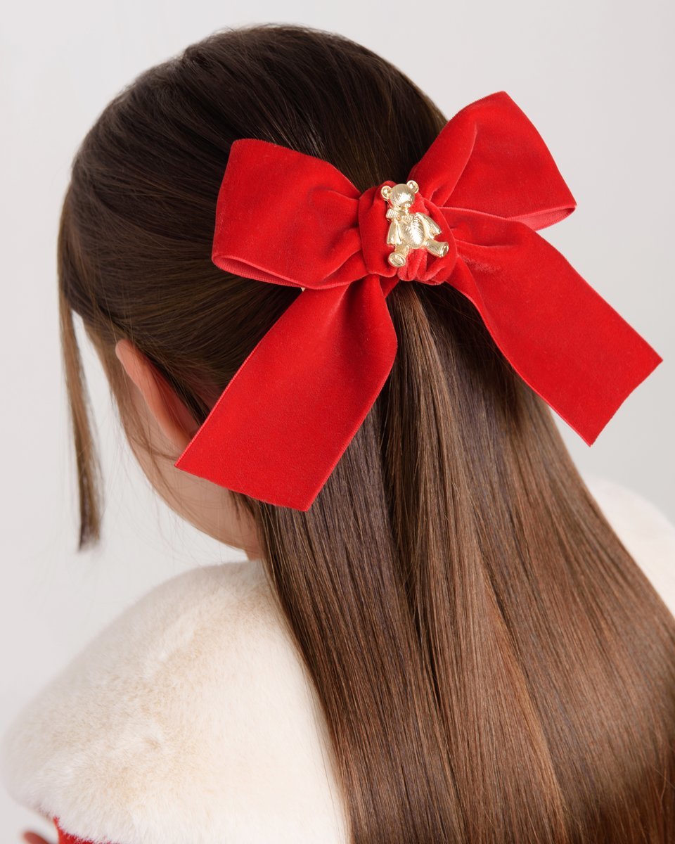 Заколка бархатная "Золотой мишка"  BIG SIZE цвет : красный