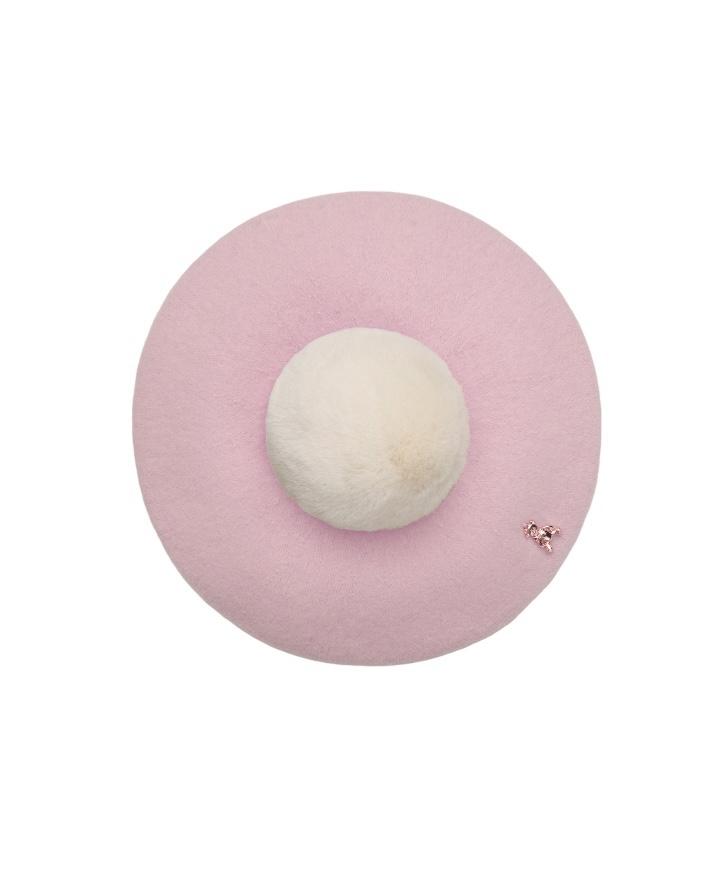 Берет с экомехом сиреневая пудра/молочный