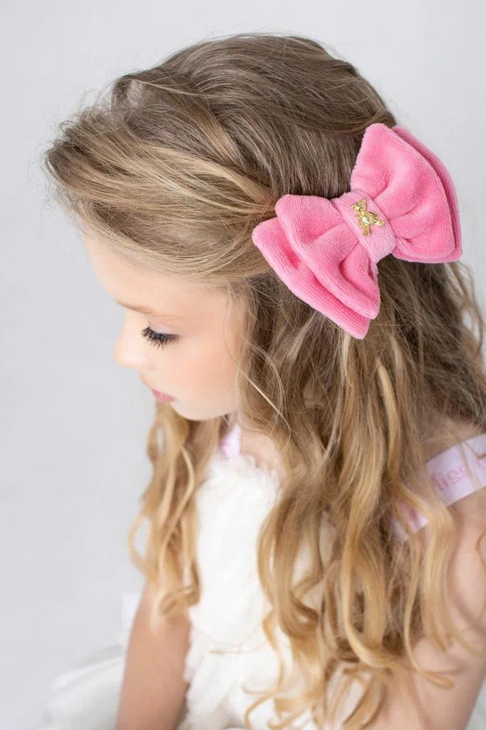 Велюровый бант с мишкой Olivia цвет: ярко-розовый