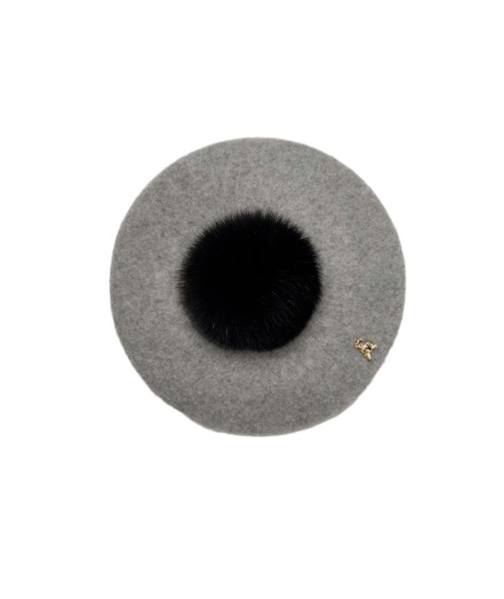 Берет с экомехом серый/черный