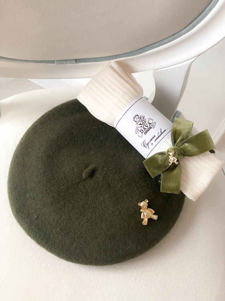 Комплект берет оливковый  + колготки "Золотой мишка" цвет молочные/оливковый