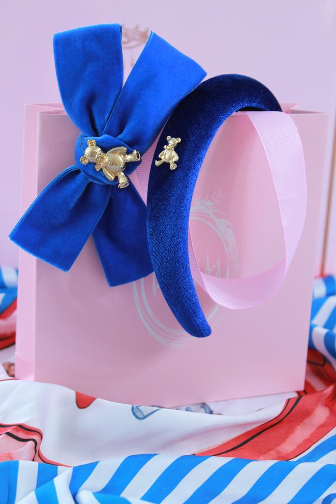 Подарочный набор ободок  бархатный "Золотой мишка" + заколка золотой мишка , цвет: синий