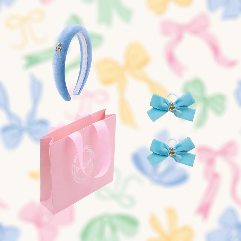 Бархатный ободок "Золотой мишка" + 2 резинки  "Золотой мишка" mini цвет: голубой