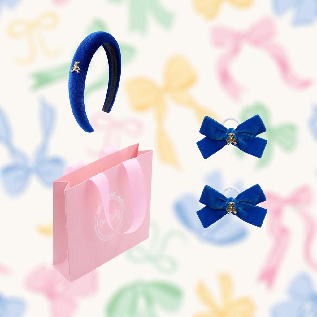 Бархатный ободок "Золотой мишка" + 2 резинки  "Золотой мишка" mini цвет: синий