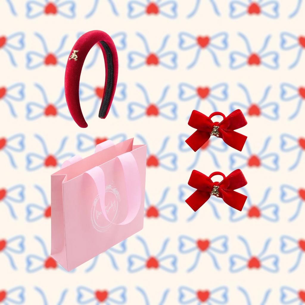 Бархатный ободок "Золотой мишка" + 2 резинки  "Золотой мишка" mini цвет: красный