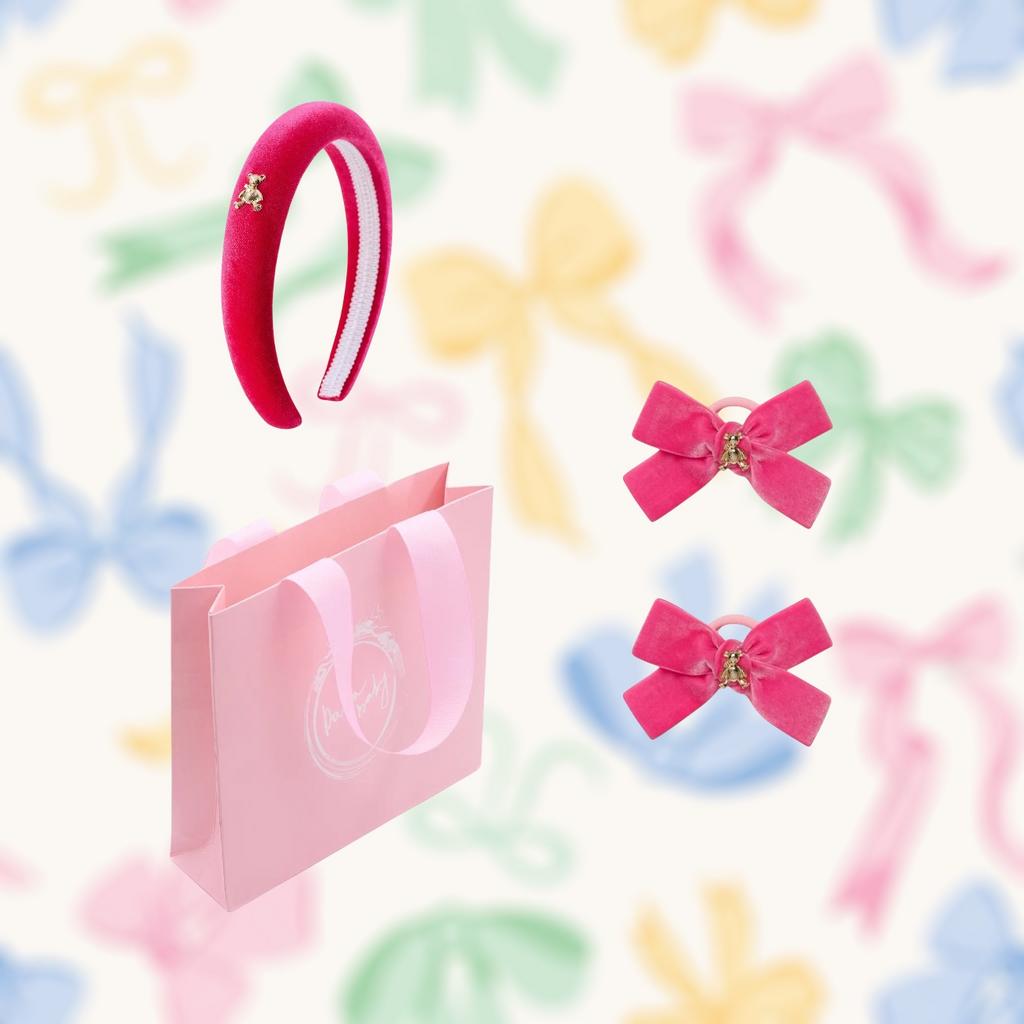 Бархатный ободок "Золотой мишка" + 2 резинки  "Золотой мишка" mini цвет: ярко-розовый