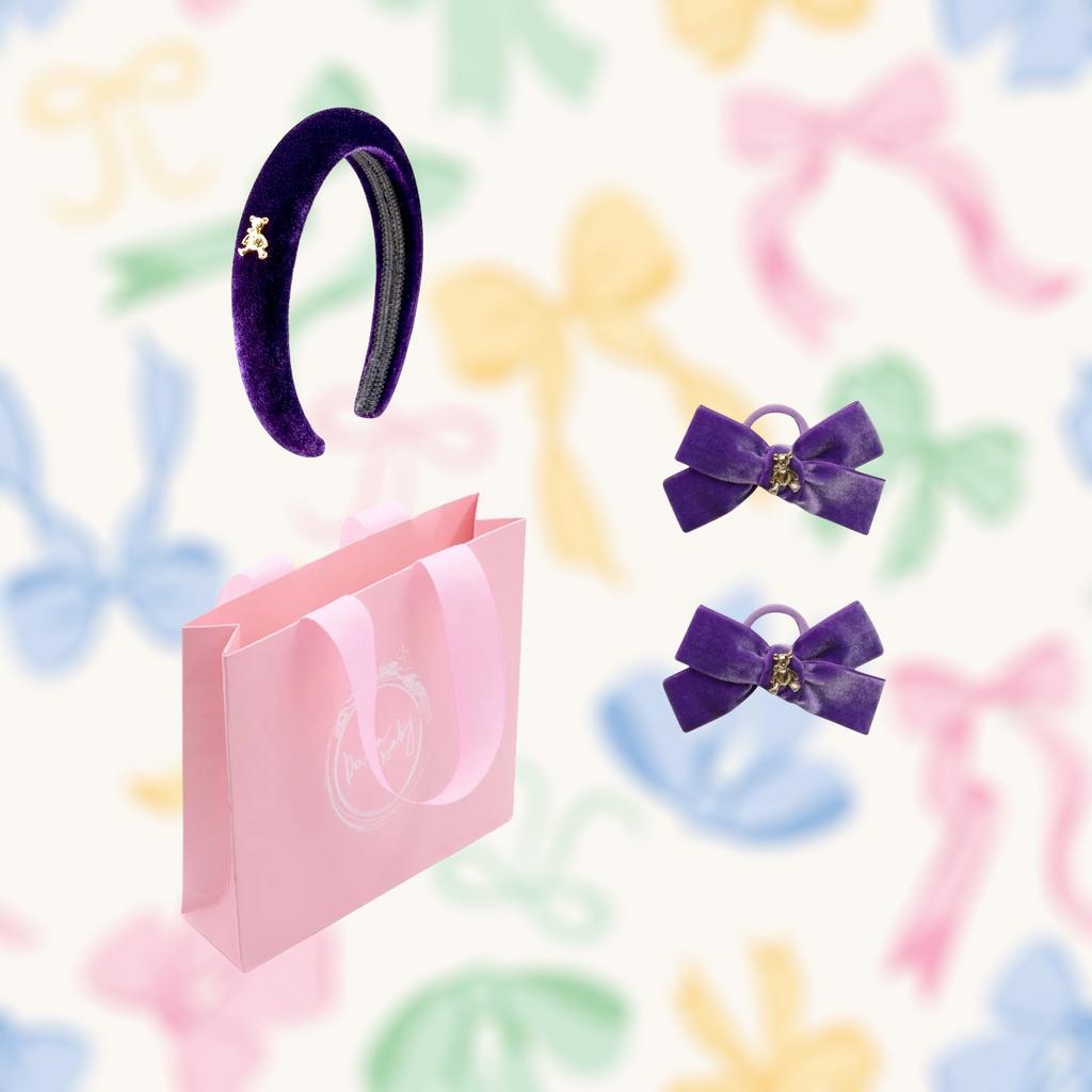 Бархатный ободок "Золотой мишка" + 2 резинки  "Золотой мишка" mini цвет: фиолетовый