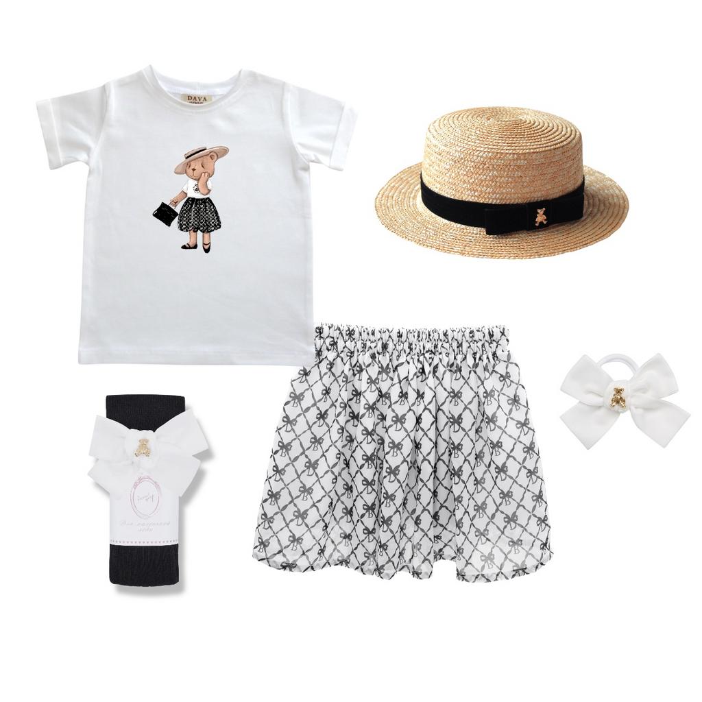 Комплект для девочки  "COLOR DAVA  WHITE CELINE" (юбка шифоновая короткая ,футболка, гольфы, шляпа, резинка скранч)