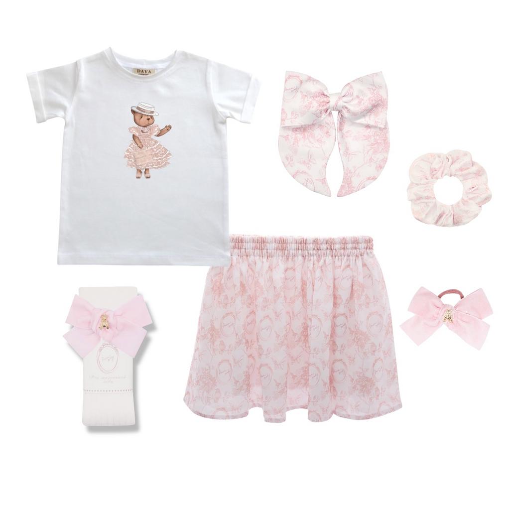 Комплект для девочки  "CLASSIC VINTAGE розовая пудра" (юбка шифоновая короткая ,футболка, гольфы, заколка-бант, 2 резинки)