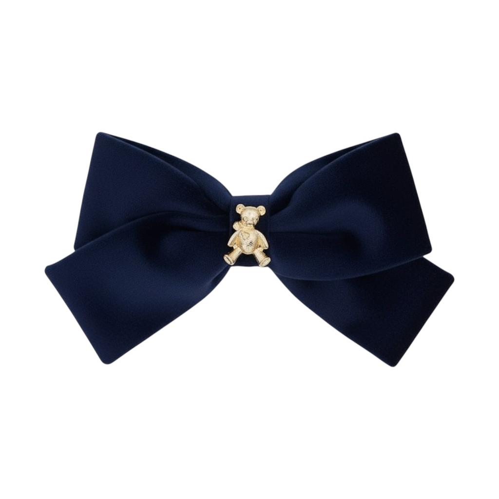 Велюровый бант на заколке Velvet Gold Bear Big Size , цвет: темно-синий