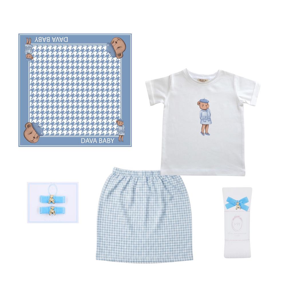 Комплект для девочки в голубом цвете number 79 (юбка+футболка+гольфы+платок+заколки)