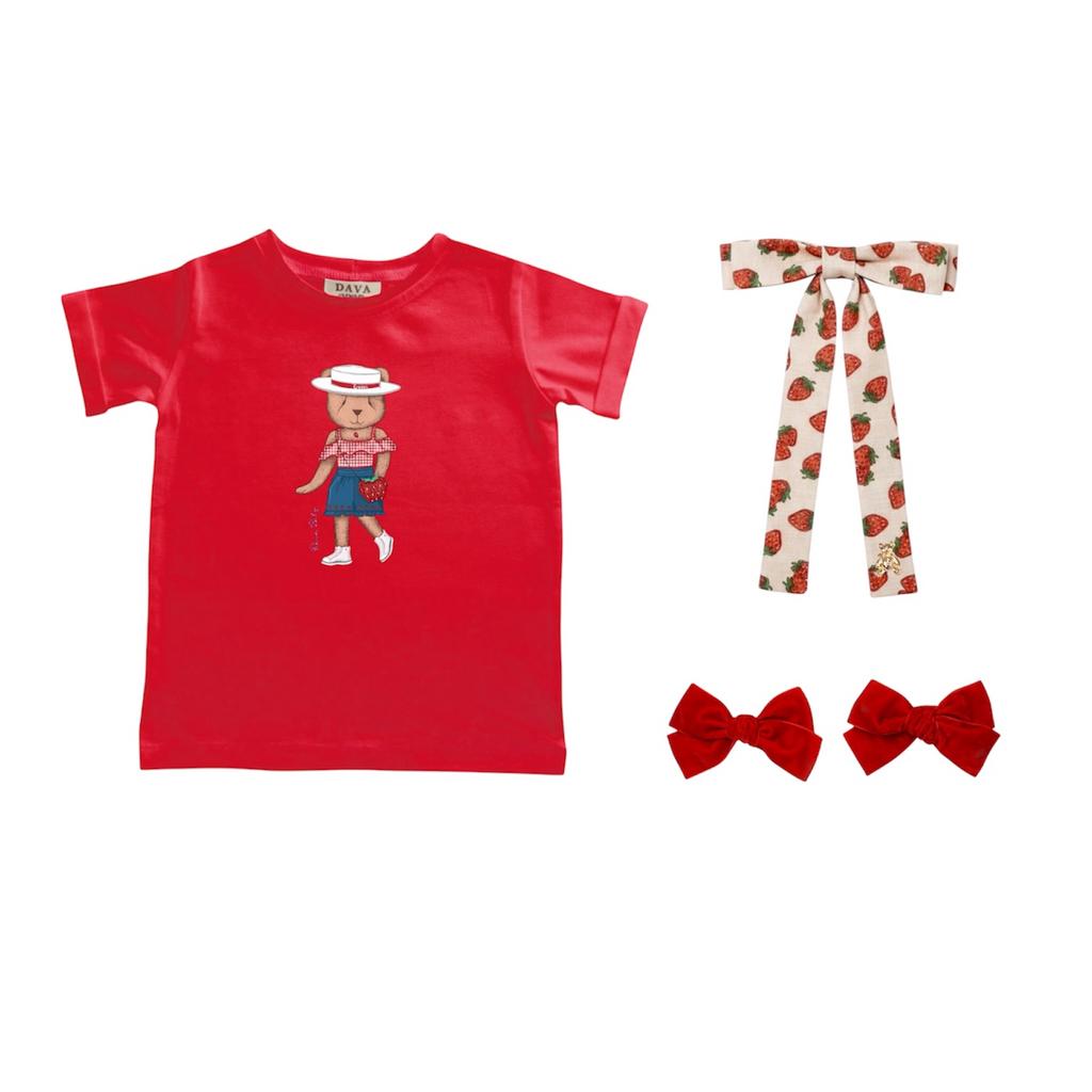 Футболка Strawberry+ бант на заколке Strawberry + бархатные заколки BOW 2 шт