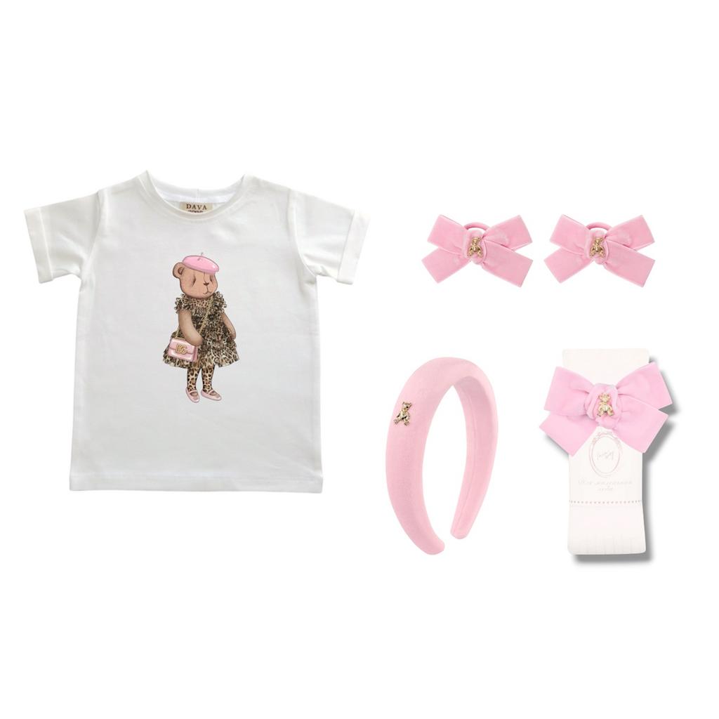 Комплект Leopard Pink из 5 предметов (футболка, ободок, гольфы, 2 резинки)