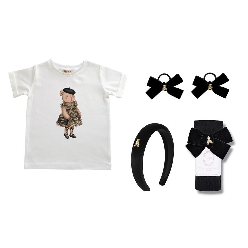 Комплект Leopard Black из 5 предметов (футболка, ободок, гольфы, 2 резинки)