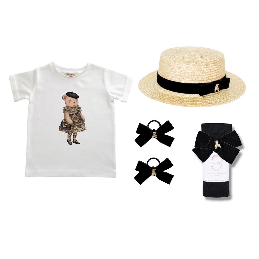 Набор SALE 102 (шляпа-канотье, футболка, гольфы и 2 резинки золотой мишка)