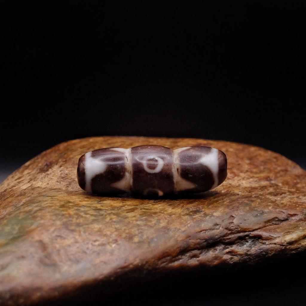 Тройная бусина Дзи 4 глаза в зубах тигра N°2