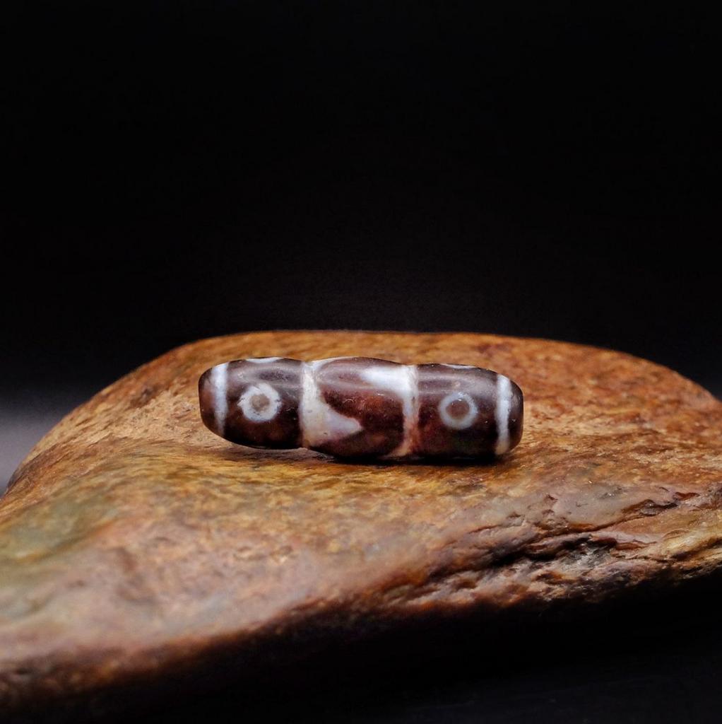 Тройная бусина Дзи 8 глаз в зубах тигра