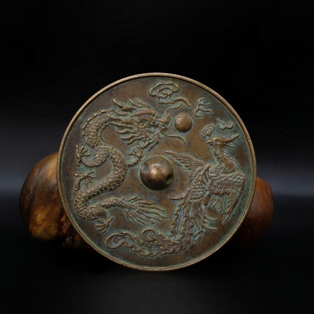 Шаманское зеркало Дракон и Феникс с патиной