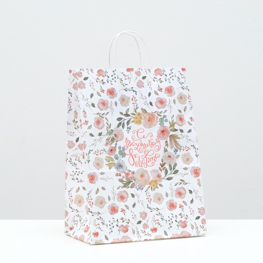 Пакет крафт "С праздником 8 марта", крученая ручка 22 х 12 х 29 см