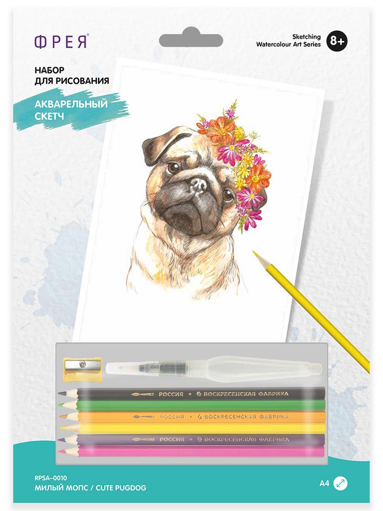 "Милый мопс" Скетч для раскраш. акварельными карандашами 29.7 х 21 см