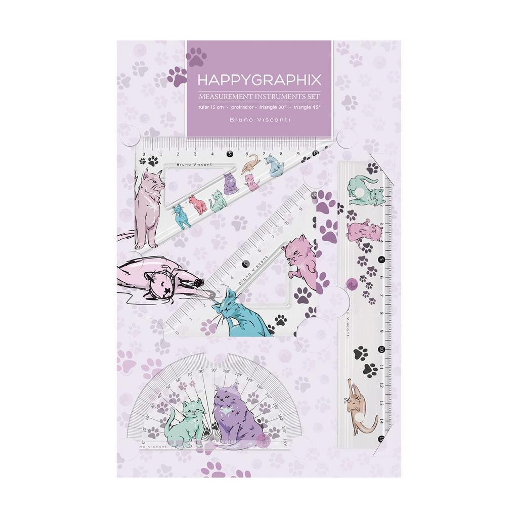 Набор геометрический (2 треуг., 15см лин., трансп.) "HappyGraphix. Котики"