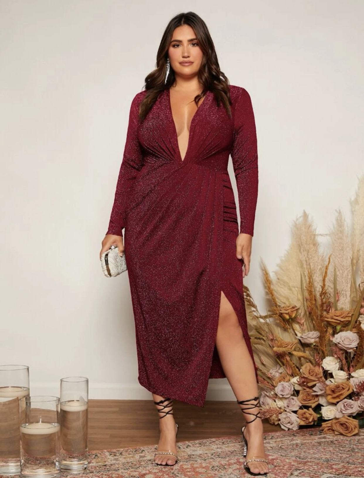 Бордовое миди платье люрекс