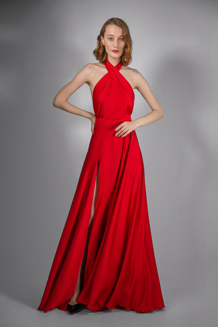 Пэрис красное шелковое с разрезом