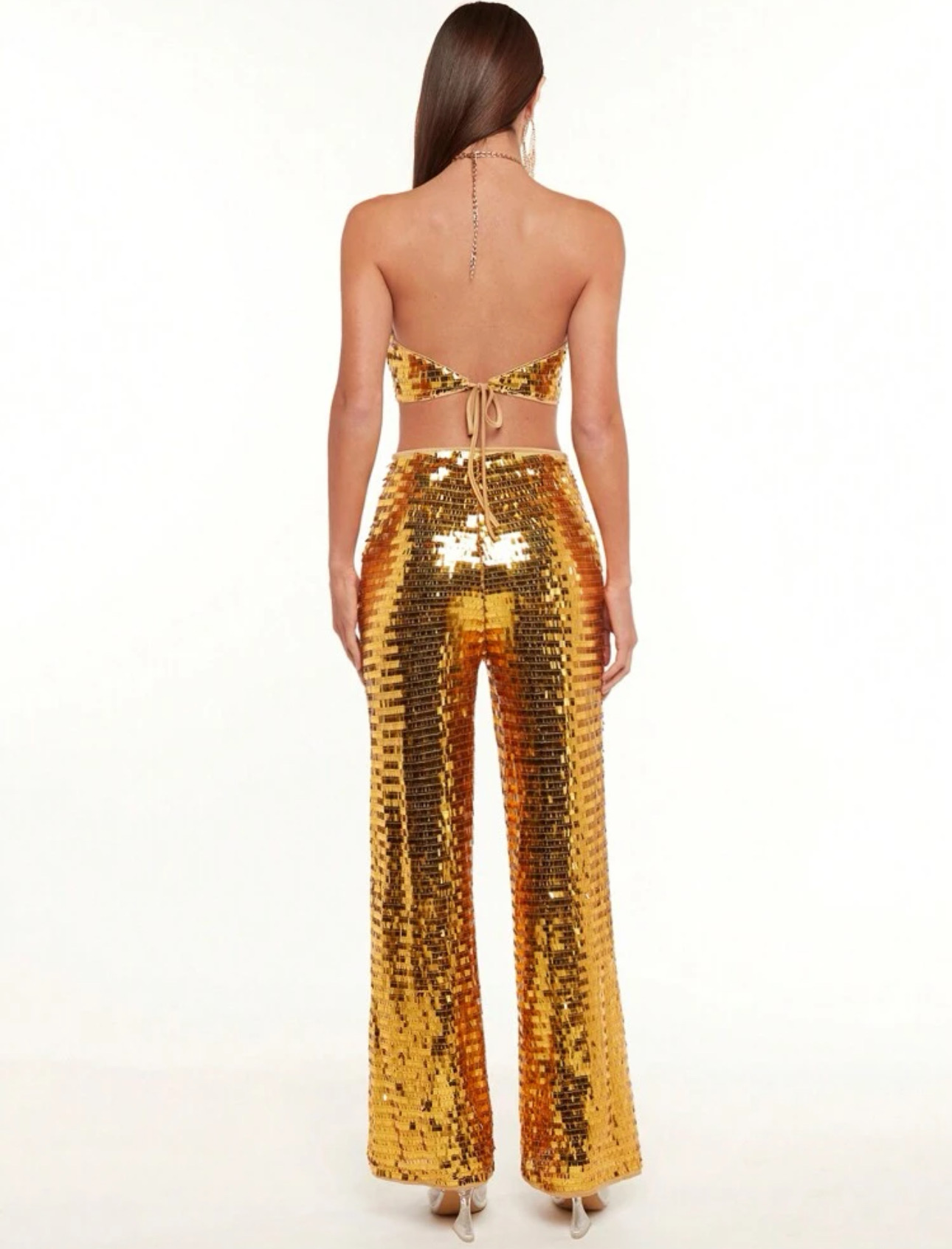 Костюм топ+брюки яркое золото крупная пайетка
