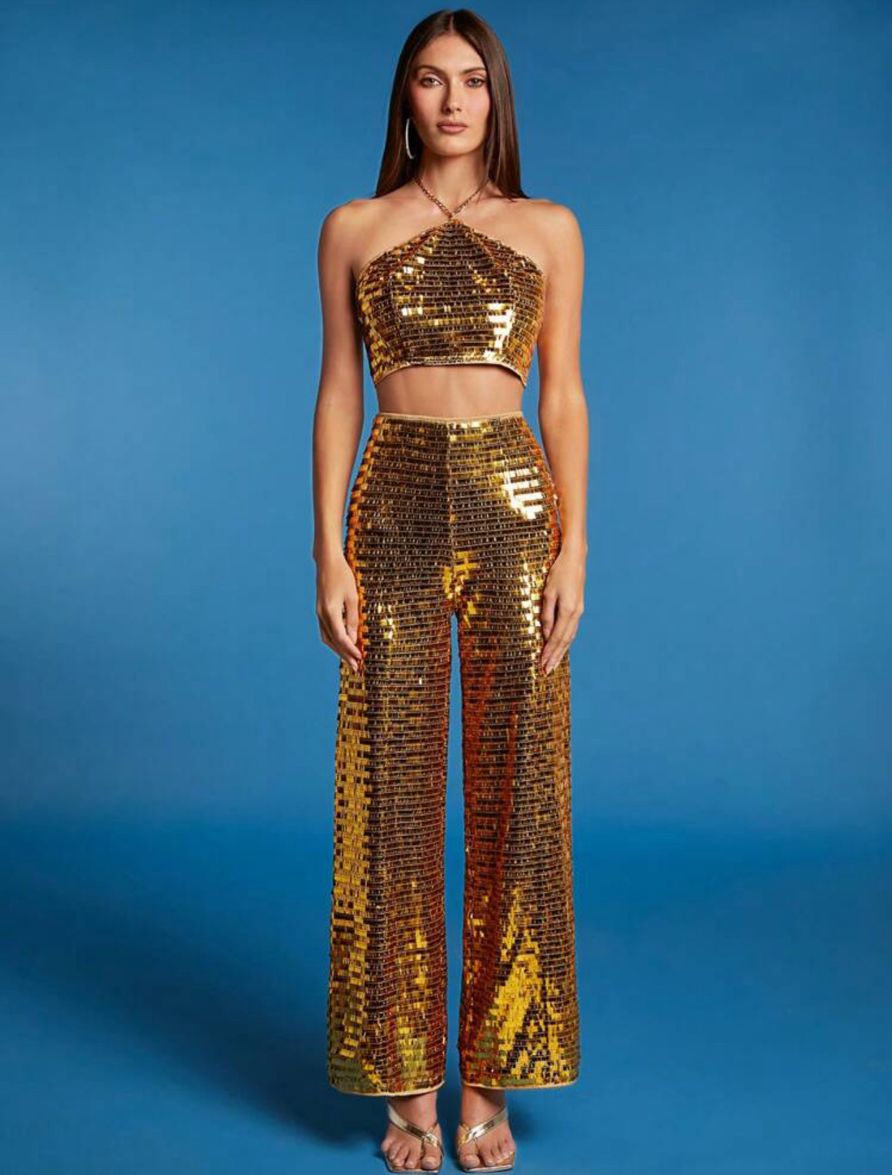 Костюм топ+брюки яркое золото крупная пайетка
