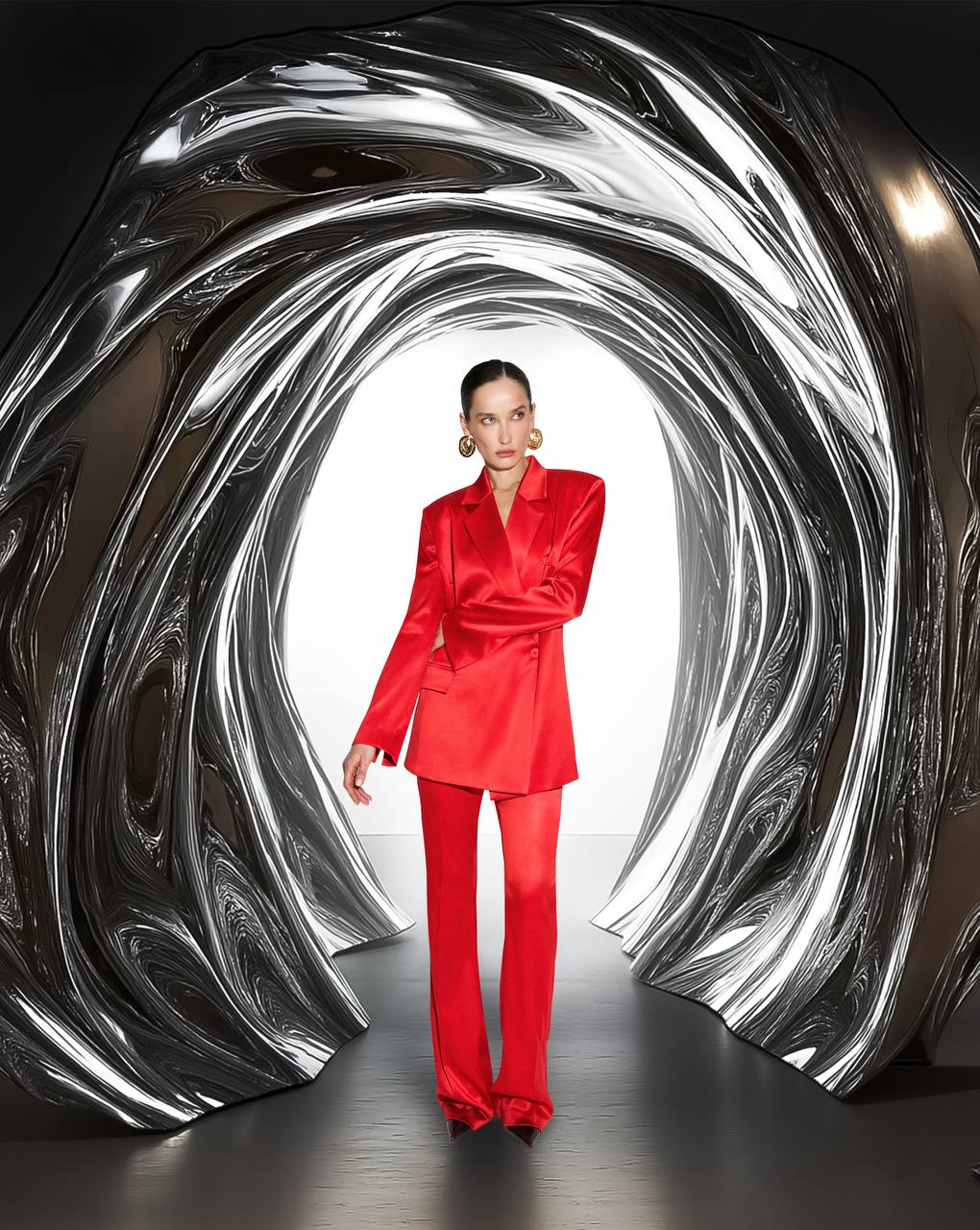 Красный костюм брюки и пиджак открытая спина