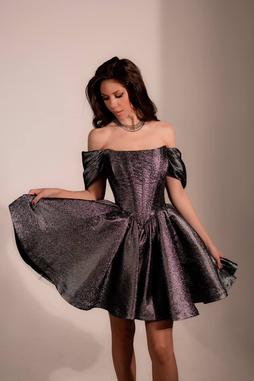 Серое графит парча корсет спущенные плечи юбка колокольчик