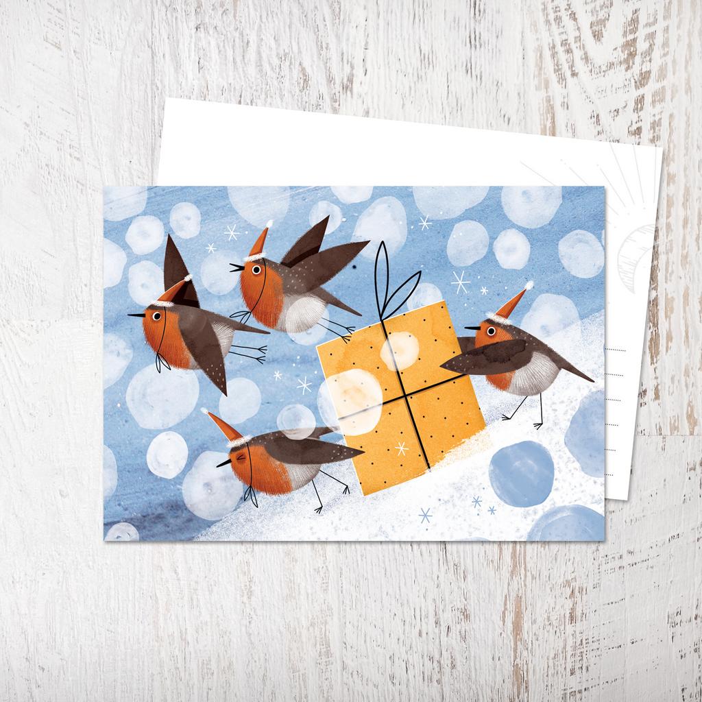 Открытка «Снегири с подарком»